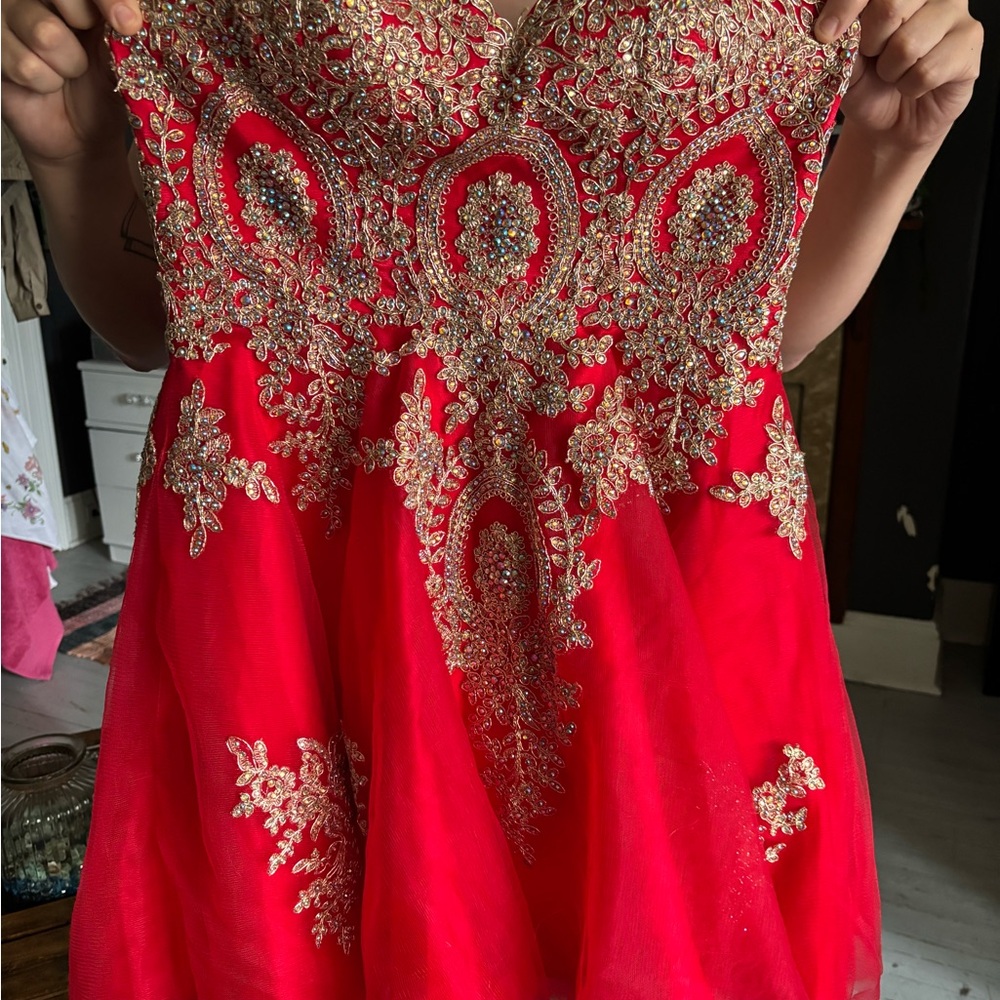 PromGirl Red and Gold Embellished Prom Dress